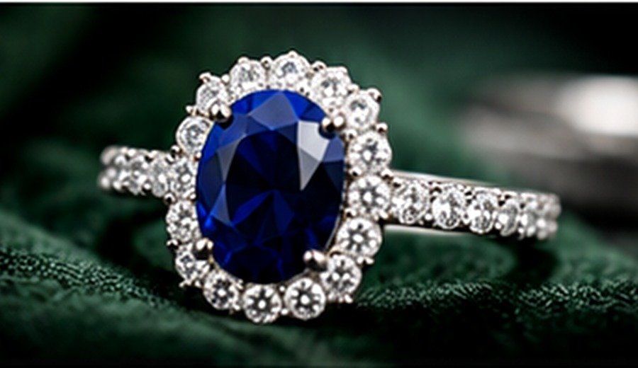 Blue sapphire ring on green velvet
